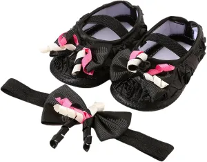 Baby Shoes with Hair Band Fashion Soft Soled Toddler Shoes Versatile Dress Flower Princess Shoes Baby Shoes Size 3 (Black, 4 Infant)