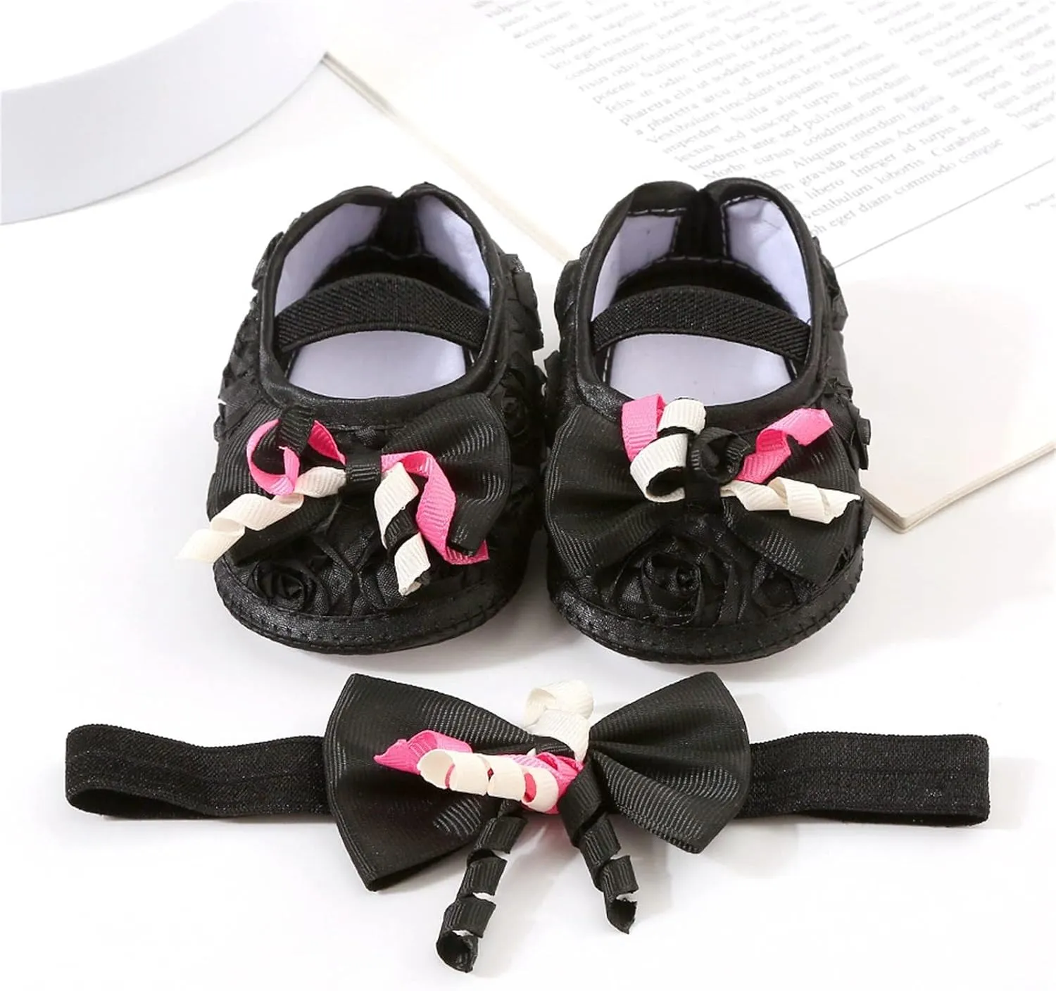 Baby Shoes with Hair Band Fashion Soft Soled Toddler Shoes Versatile Dress Flower Princess Shoes Baby Shoes Size 3 (Black, 4 Infant)