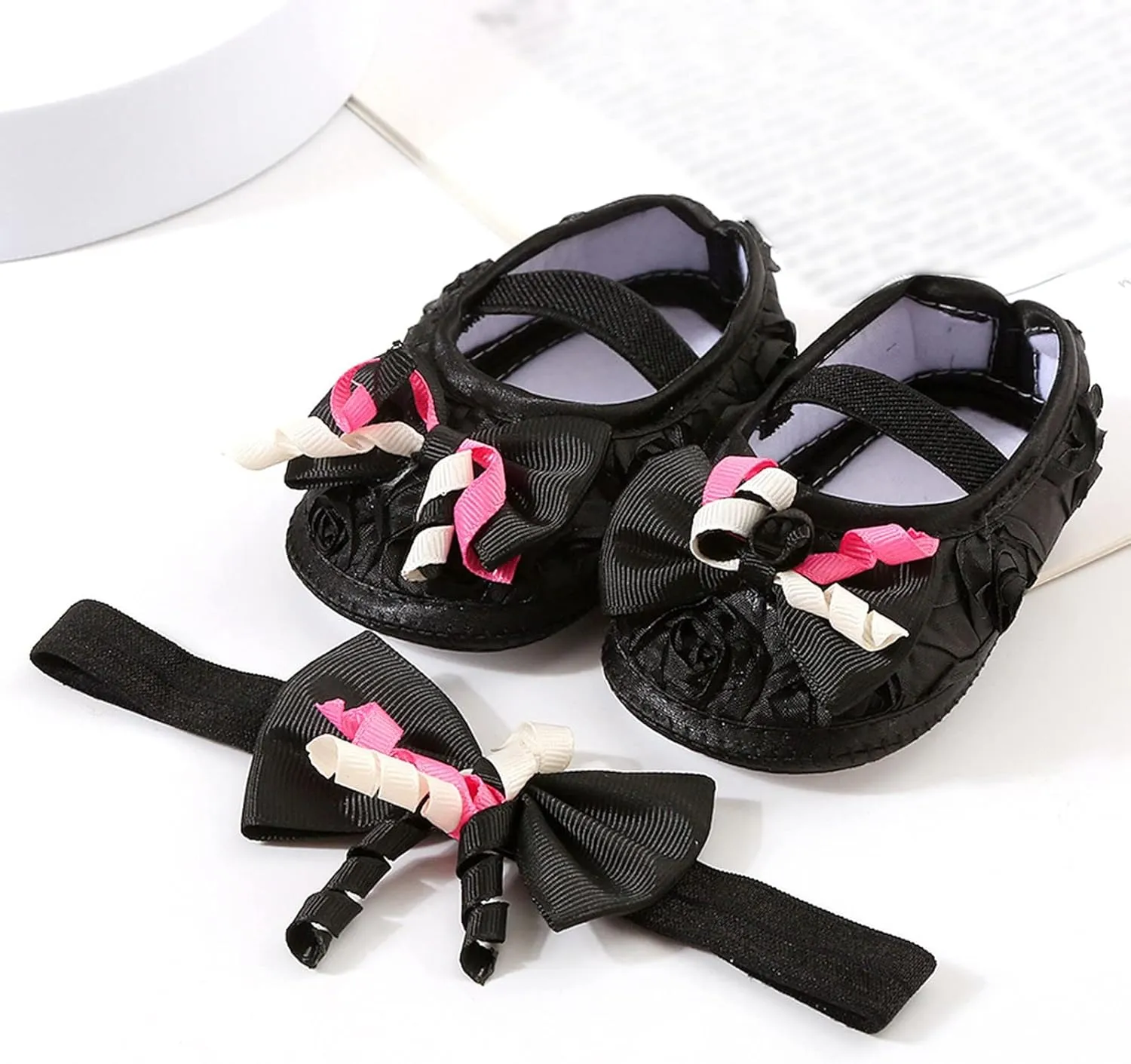 Baby Shoes with Hair Band Fashion Soft Soled Toddler Shoes Versatile Dress Flower Princess Shoes Baby Shoes Size 3 (Black, 4 Infant)