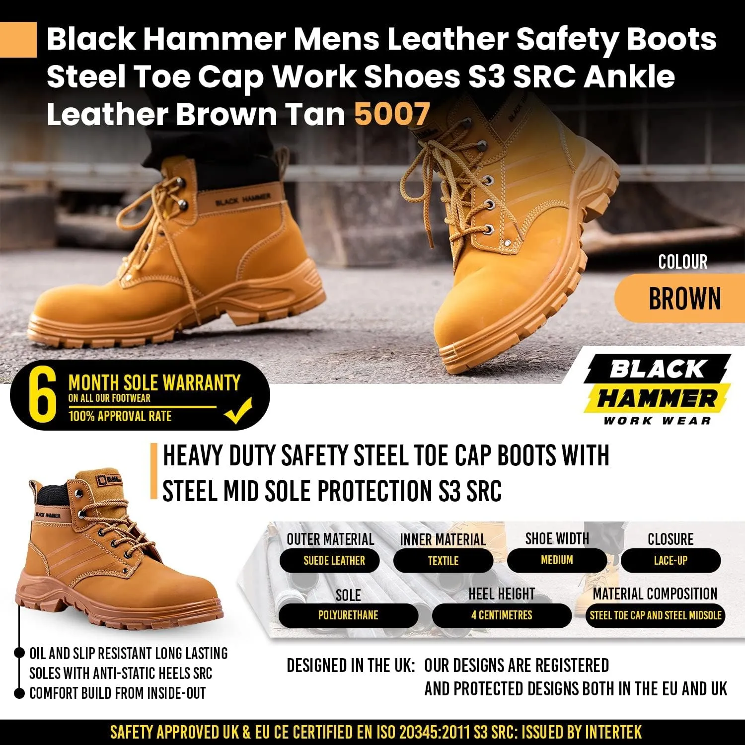 Black Hammer Mens Leather Safety Boots Steel Toe Cap Work Shoes S3 SRC Ankle Leather Brown Tan 5007