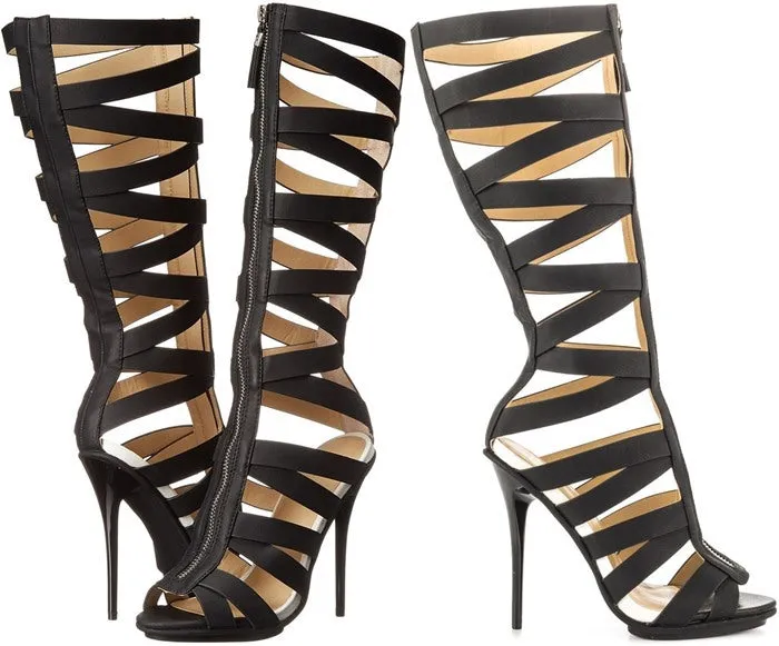 Black Leather Cutout Peep Toe Knee High Sandals