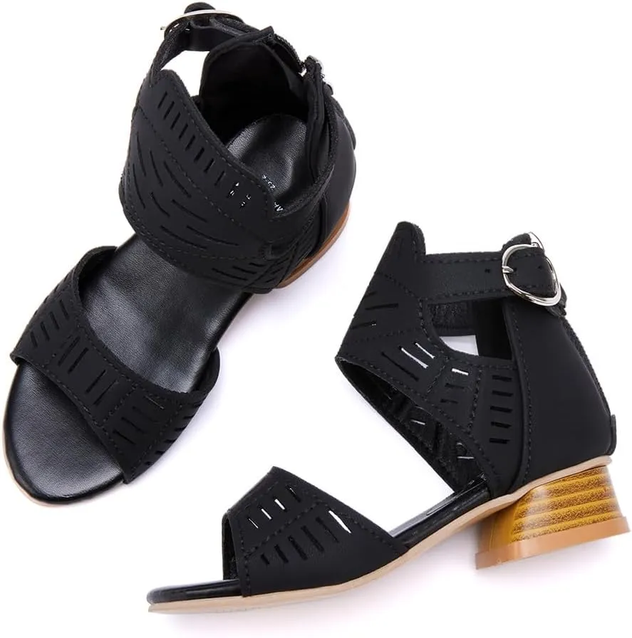 BMCiTYBM Girls Sandals Low Heels Flower Wedding Shoes Dress Pump Ankle Strap Open Toe Toddler Little Big Kids