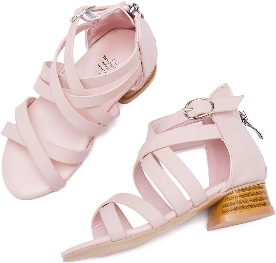 BMCiTYBM Girls Sandals Low Heels Flower Wedding Shoes Dress Pump Ankle Strap Open Toe Toddler Little Big Kids