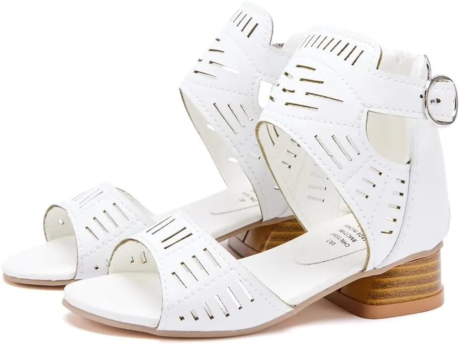 BMCiTYBM Girls Sandals Low Heels Flower Wedding Shoes Dress Pump Ankle Strap Open Toe Toddler Little Big Kids
