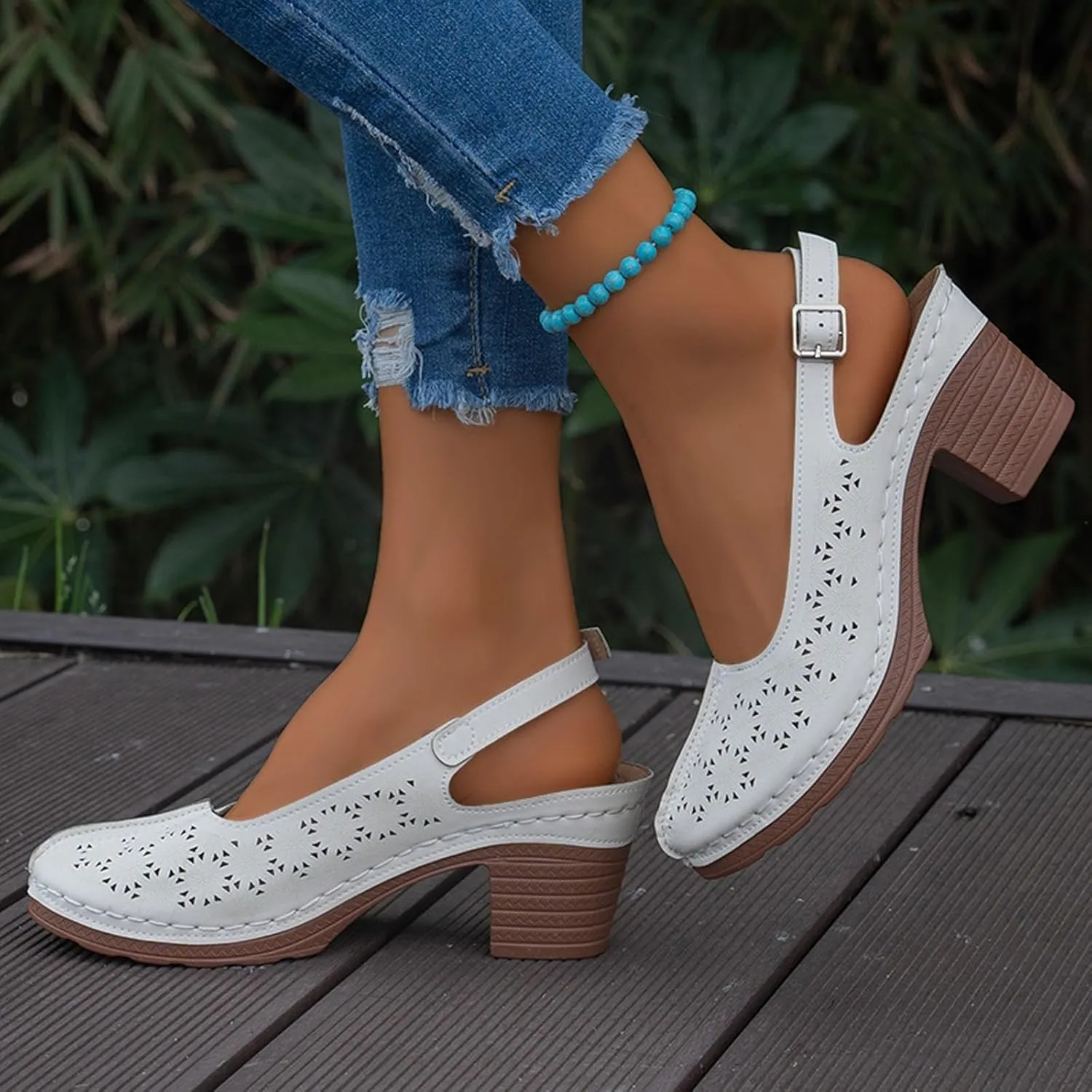 Chunky Heel Sandals for Women Closed Toe Buckle Ankle Strap Heeled Sandals Hollow Out Breathable High Heels, Summer Soft Comfortable Dress Shoes Slip On All Day Comfort