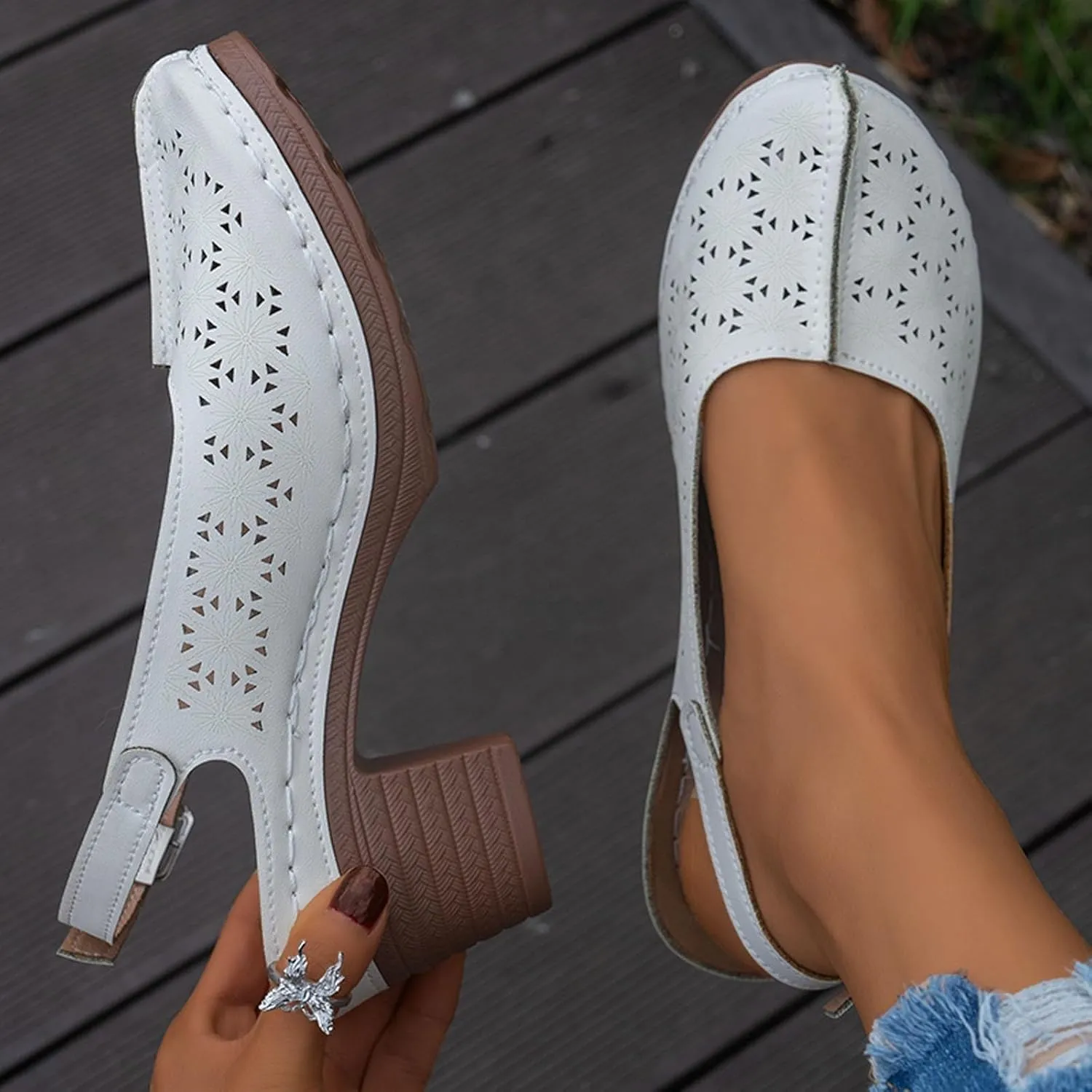 Chunky Heel Sandals for Women Closed Toe Buckle Ankle Strap Heeled Sandals Hollow Out Breathable High Heels, Summer Soft Comfortable Dress Shoes Slip On All Day Comfort