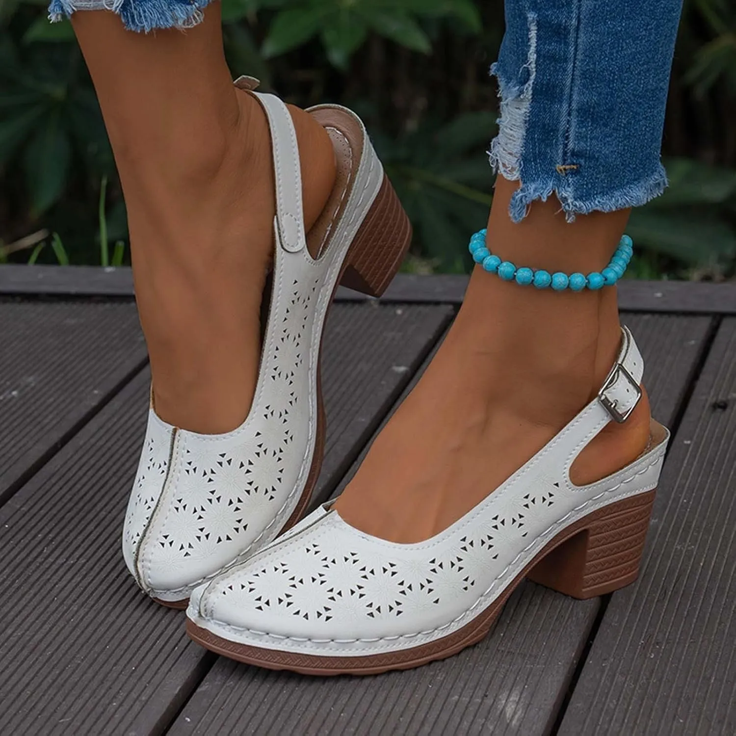 Chunky Heel Sandals for Women Closed Toe Buckle Ankle Strap Heeled Sandals Hollow Out Breathable High Heels, Summer Soft Comfortable Dress Shoes Slip On All Day Comfort