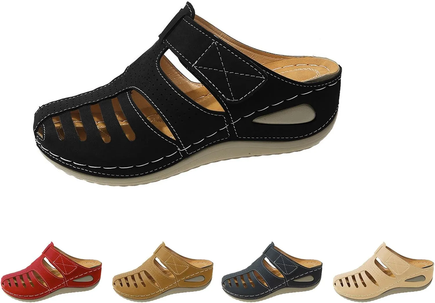 Closed Toe Sandals Women Wide Width Breathable Anti-Slip Orthopedic Sandals with Arch Support Hollow Out Platform Gladiator Buckle Strap Beach Shoes