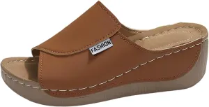 Comfortable Arch Support Slides for Women Orthopedic Wedge Sandals Wide Width Breathable Summer Orthotic Leather Platform Wedge Sandals Slip on Casual Shoes