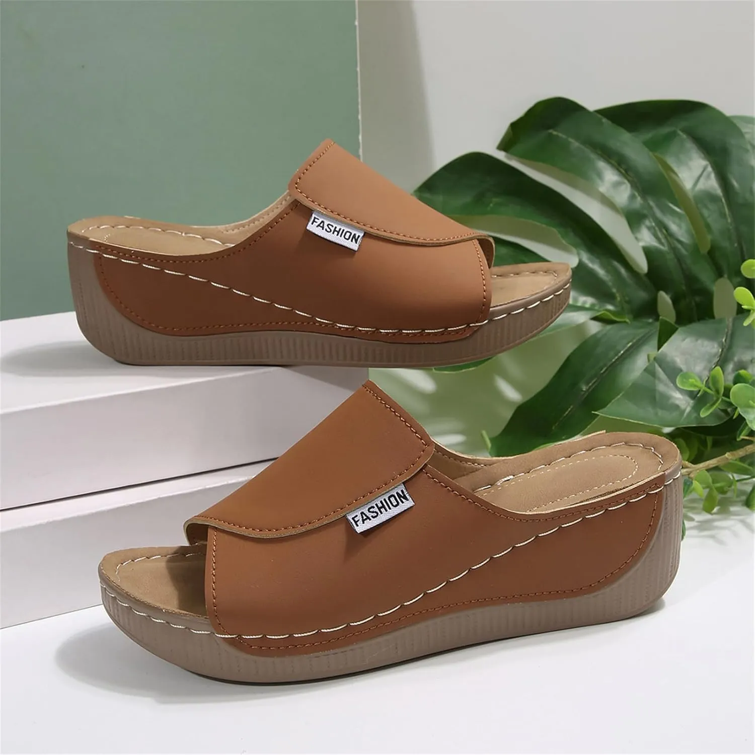 Comfortable Arch Support Slides for Women Orthopedic Wedge Sandals Wide Width Breathable Summer Orthotic Leather Platform Wedge Sandals Slip on Casual Shoes