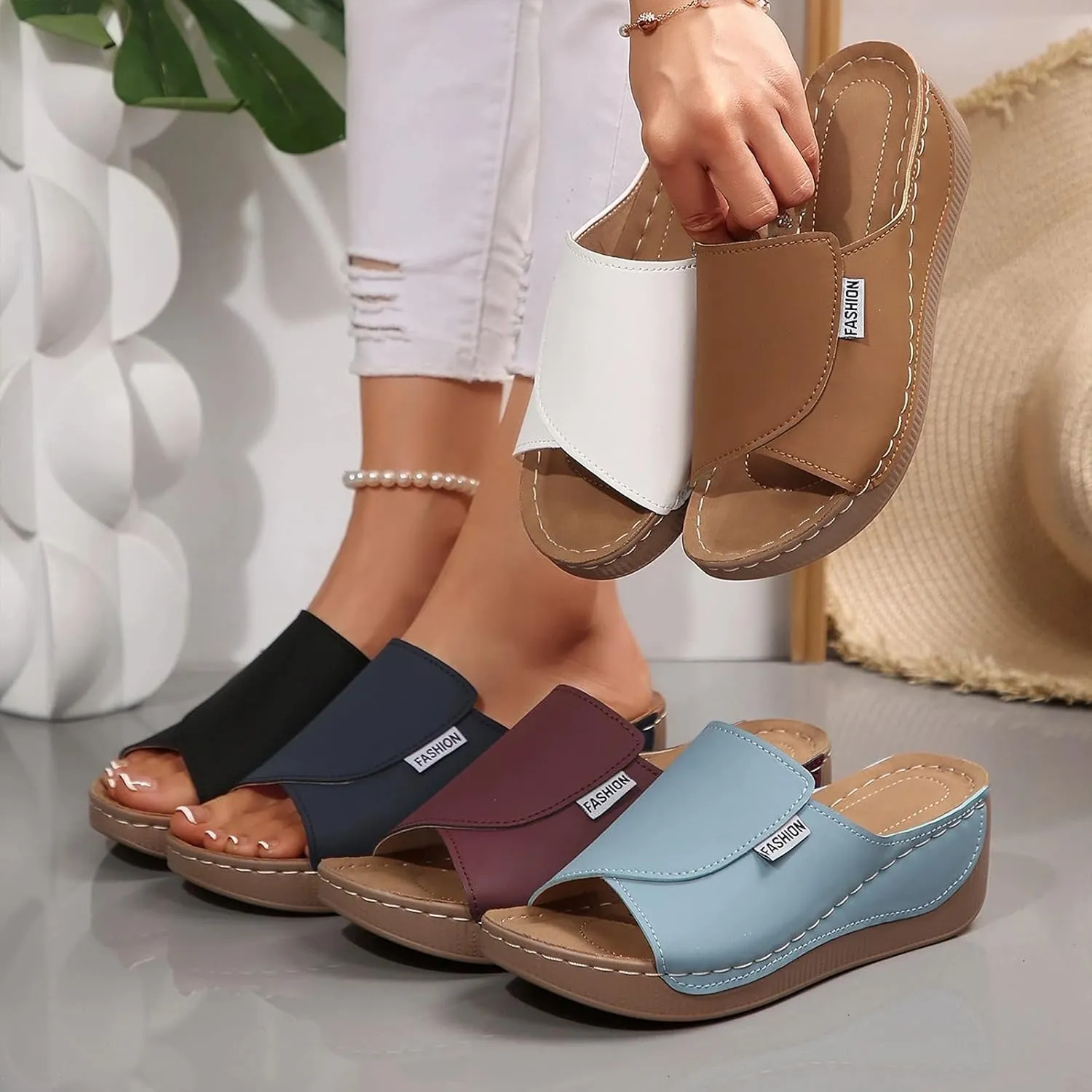 Comfortable Arch Support Slides for Women Orthopedic Wedge Sandals Wide Width Breathable Summer Orthotic Leather Platform Wedge Sandals Slip on Casual Shoes