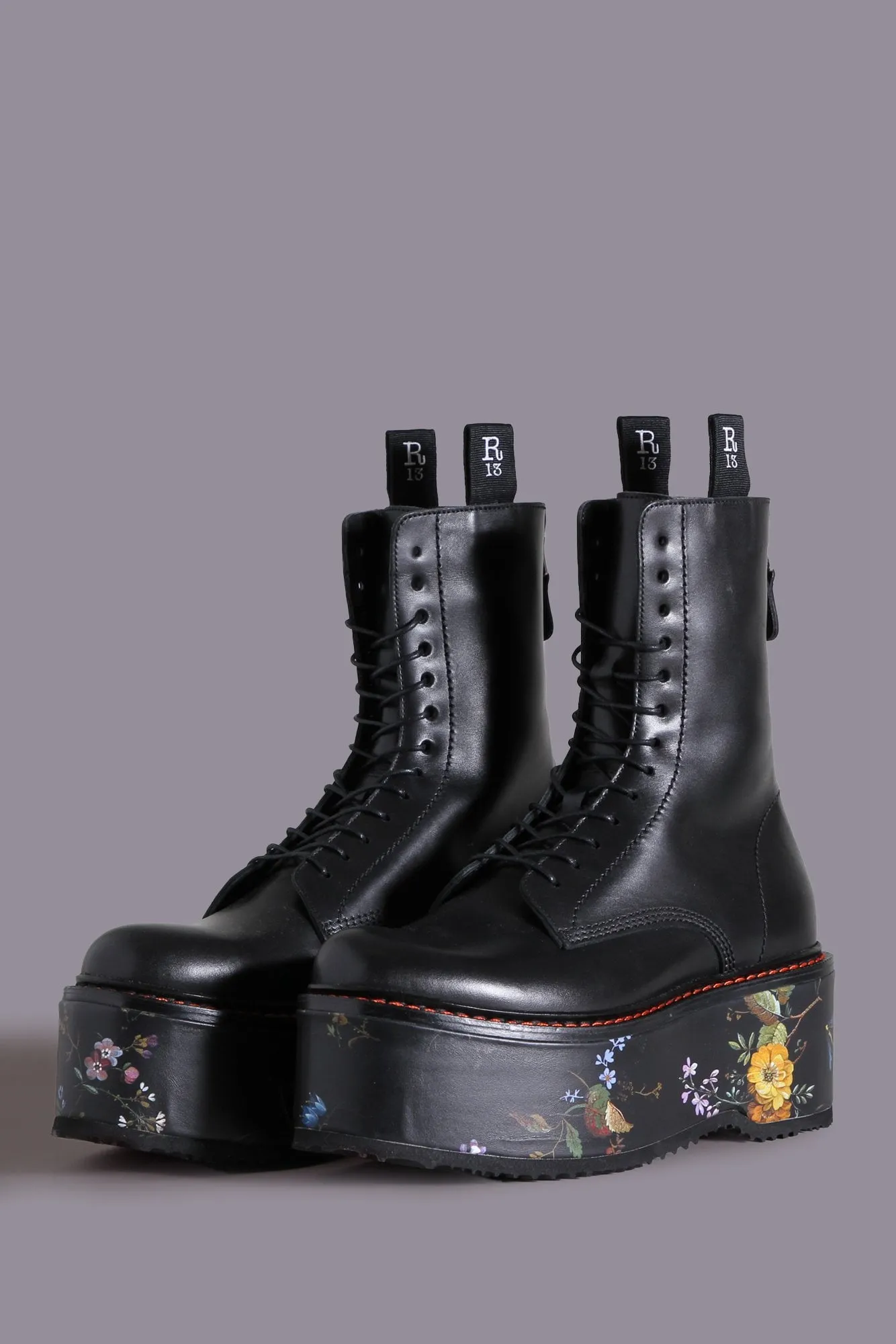 DOUBLE STACK BOOT - BLACK WITH FLORAL PLATFORM