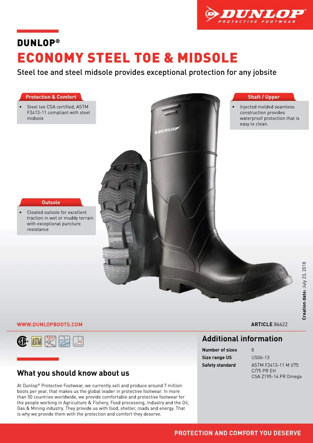 Dunlop Protective Footwear, 16" Economy Steel Toe, 100% Waterproof PVC, Lightweight and Durable, 8662200.09, Size 9 US, Black