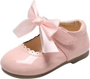 Flower Girl Dress Shoes Soft Princess Mary Jane Ballet Flats with Bow Hook Loop for Toddler Wedding Party Dance Shoes