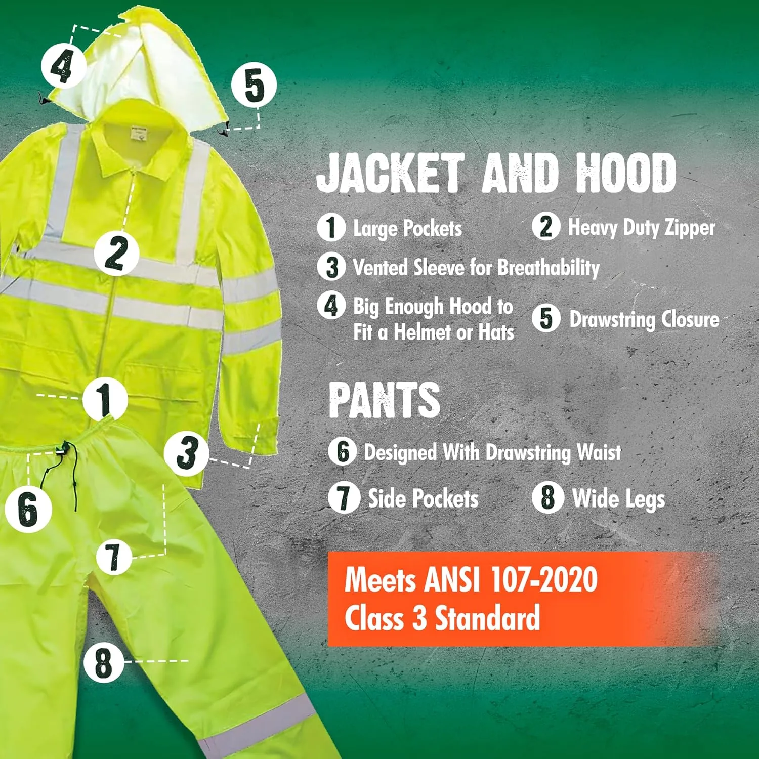FORESTER Class 3 Hi-Vis Rain Suit - Waterproof Rain Jacket & Pants | Heavy Duty Rain Gear for Men and Women | Lightweight, Reflective Material | Medium