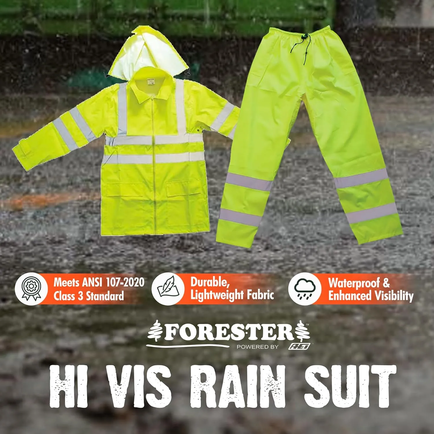 FORESTER Class 3 Hi-Vis Rain Suit - Waterproof Rain Jacket & Pants | Heavy Duty Rain Gear for Men and Women | Lightweight, Reflective Material | Medium