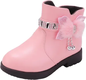 Girls Dress Boots Kids Toddler Cute Rhinestone Bowknot Princess Boots Warm Shoes Fashion Side Zipper Ankle Boots