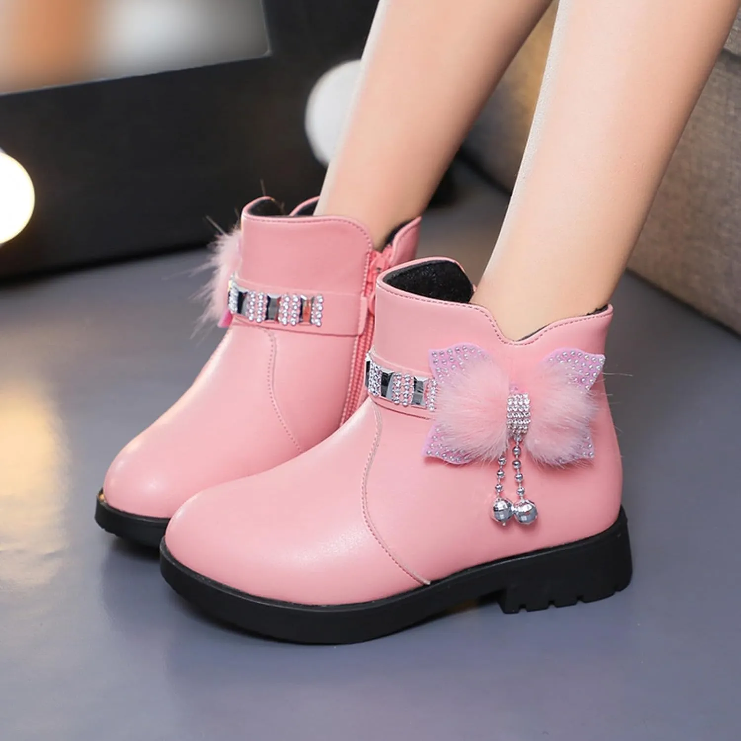 Girls Dress Boots Kids Toddler Cute Rhinestone Bowknot Princess Boots Warm Shoes Fashion Side Zipper Ankle Boots