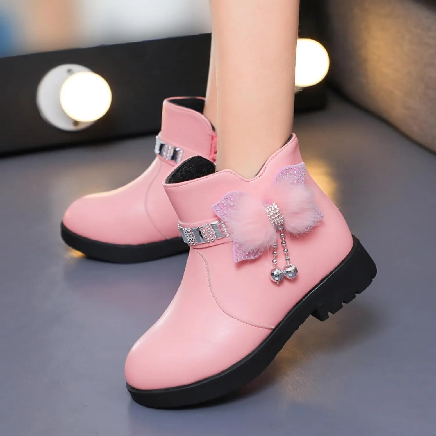 Girls Dress Boots Kids Toddler Cute Rhinestone Bowknot Princess Boots Warm Shoes Fashion Side Zipper Ankle Boots