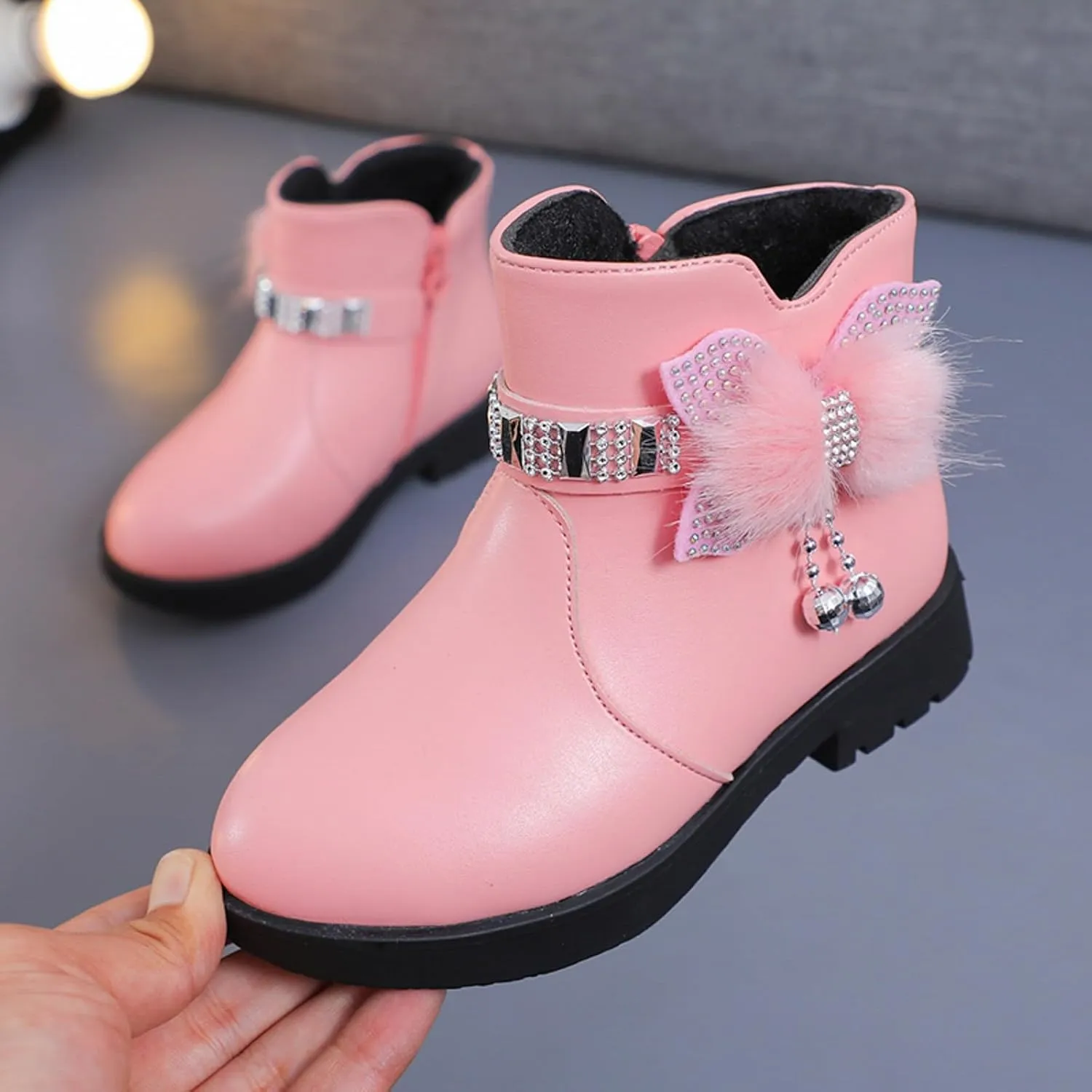 Girls Dress Boots Kids Toddler Cute Rhinestone Bowknot Princess Boots Warm Shoes Fashion Side Zipper Ankle Boots