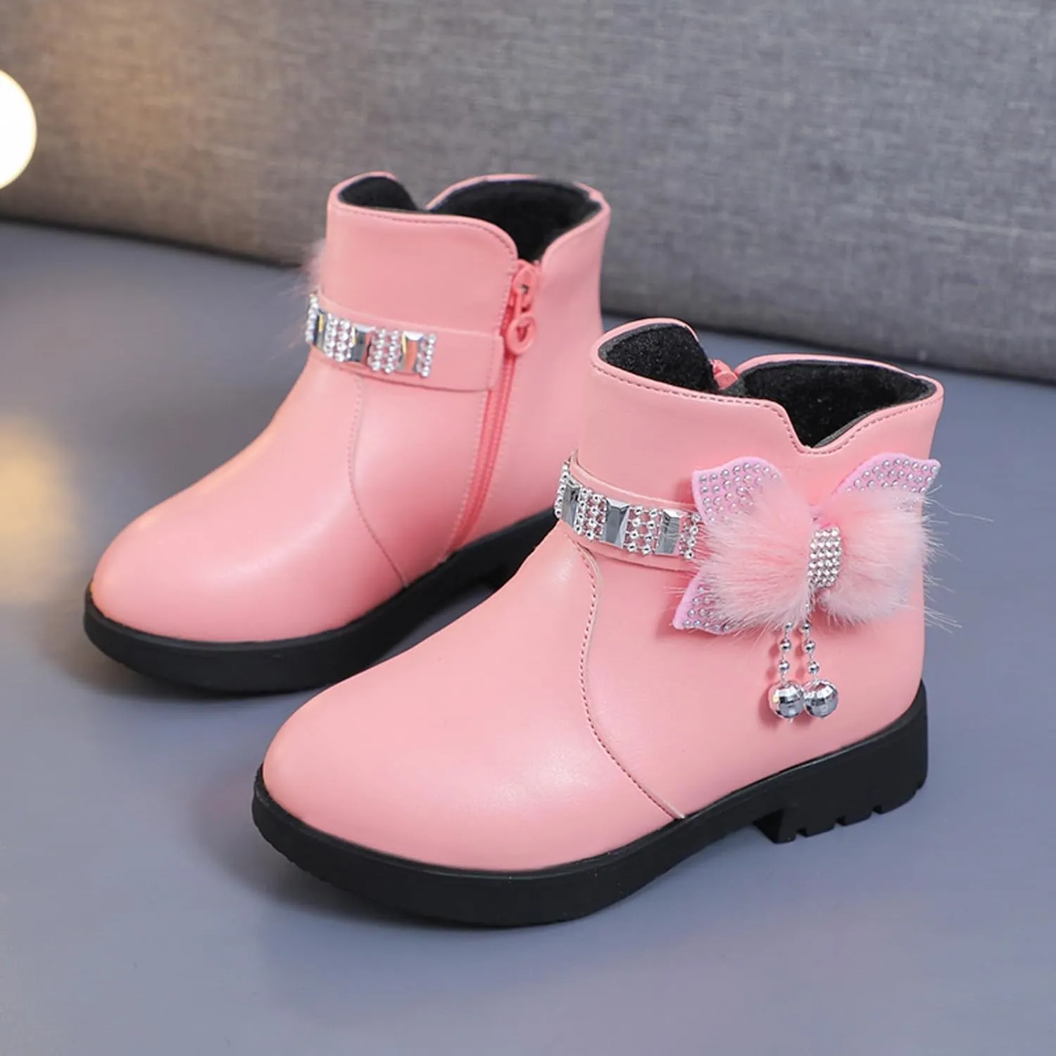 Girls Dress Boots Kids Toddler Cute Rhinestone Bowknot Princess Boots Warm Shoes Fashion Side Zipper Ankle Boots