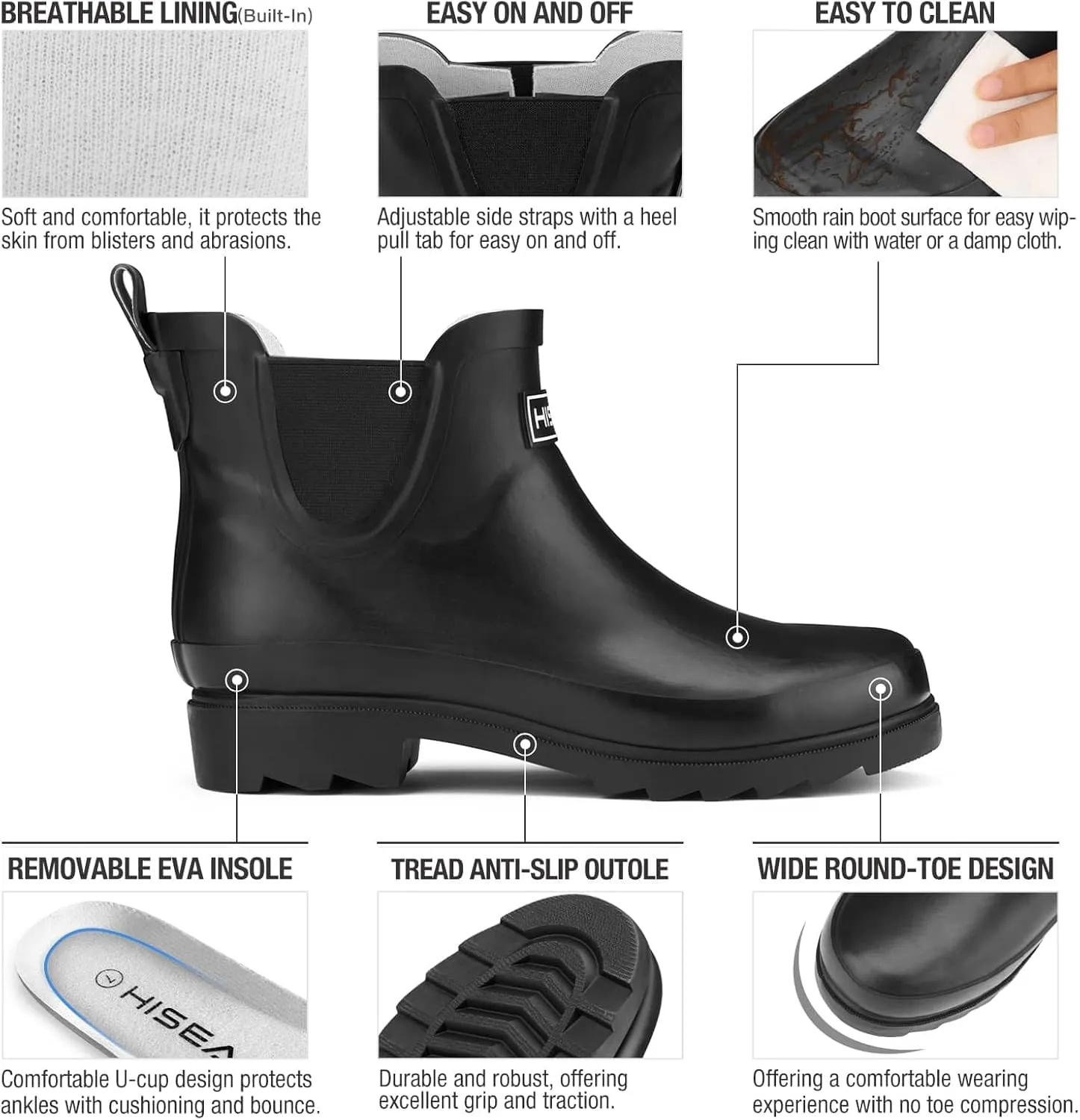 HISEA Women's Short Rubber Rain Boots Waterproof Chelsea Garden Boots for Ladies with Comfort Insole Stylish Ankle Rain Shoes Outdoor Work Booties