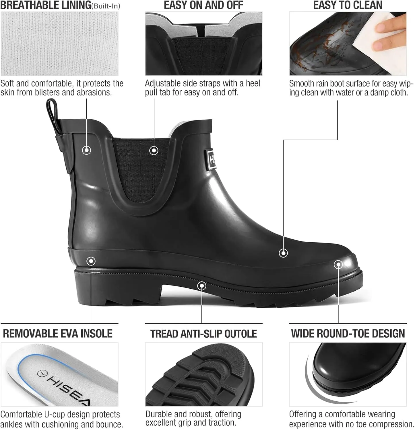 HISEA Women's Short Rubber Rain Boots Waterproof Chelsea Garden Boots for Ladies with Comfort Insole Stylish Ankle Rain Shoes Outdoor Work Booties