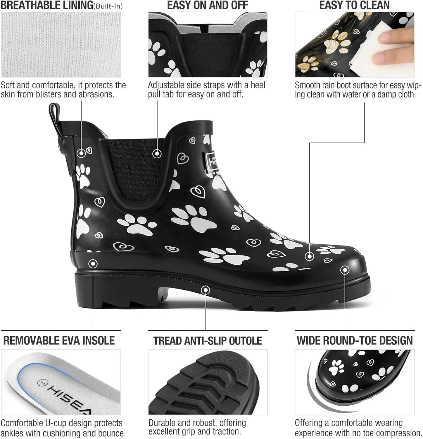 HISEA Women's Short Rubber Rain Boots Waterproof Chelsea Garden Boots for Ladies with Comfort Insole Stylish Ankle Rain Shoes Outdoor Work Booties