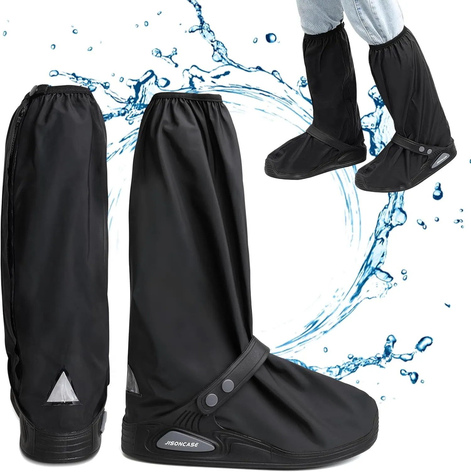 JISONCASE Waterproof Rain Boot Shoe Cover with Reflector Non-Slip Water Resistant Overshoes for Women Men (Black- Size M)