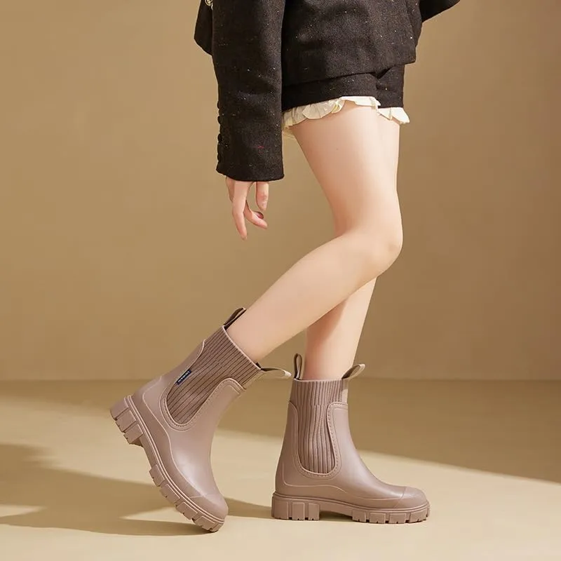 keleimusi Women's Rubber Rain Boots Waterproof Garden Shoes Short Chelsea Anti-Slipping Rainboots For Women with Sock Comfortable Insoles Stylish Light Ankle Rain Shoes Outdoor Work Booties