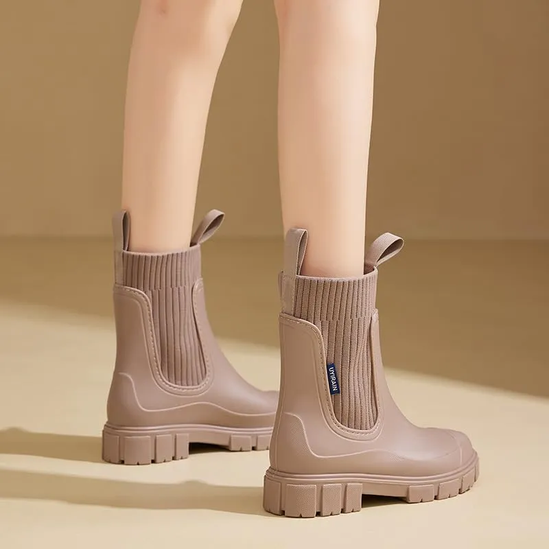 keleimusi Women's Rubber Rain Boots Waterproof Garden Shoes Short Chelsea Anti-Slipping Rainboots For Women with Sock Comfortable Insoles Stylish Light Ankle Rain Shoes Outdoor Work Booties