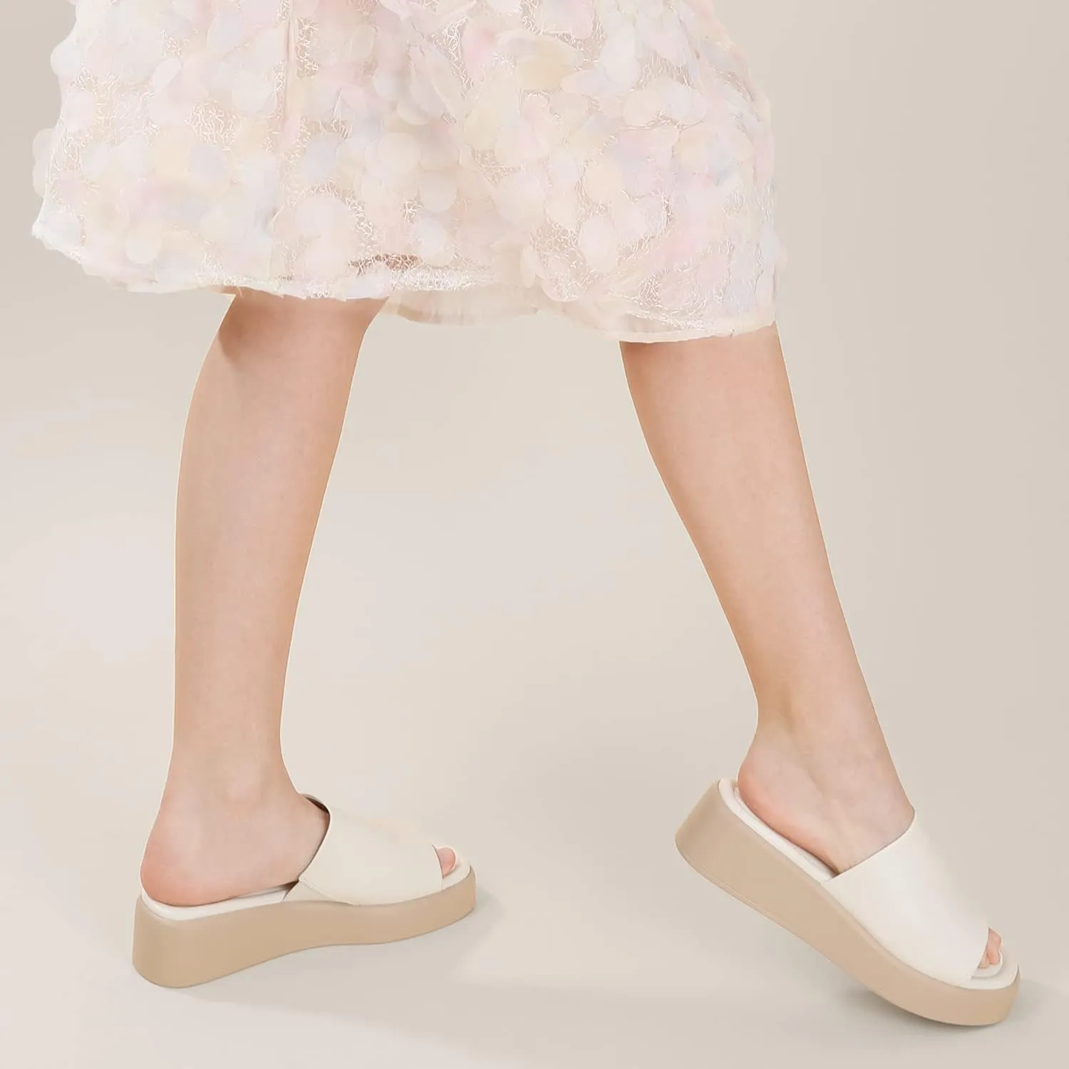 Leevar Nude White Black Platform Wedges Sandals for Women - Soft Memory Foam Padded Backless Slip On Comfy Square Open Toe Mules Summer Casual Flatform Platform Wedge Sandals Slides for Women