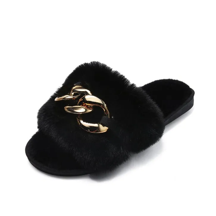 Leslides High Quality Fur Flat Sandals Furry Women's Sandals Soft Fur Slippers Sandals Fur Indoor Slides With Large Gold Chain