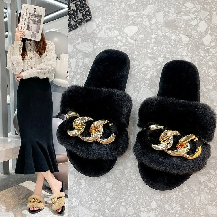 Leslides High Quality Fur Flat Sandals Furry Women's Sandals Soft Fur Slippers Sandals Fur Indoor Slides With Large Gold Chain