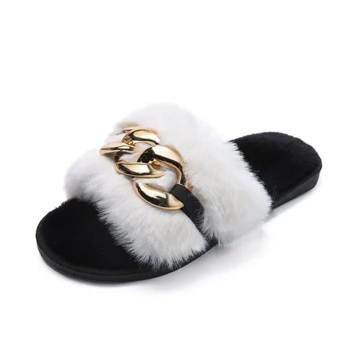 Leslides High Quality Fur Flat Sandals Furry Women's Sandals Soft Fur Slippers Sandals Fur Indoor Slides With Large Gold Chain