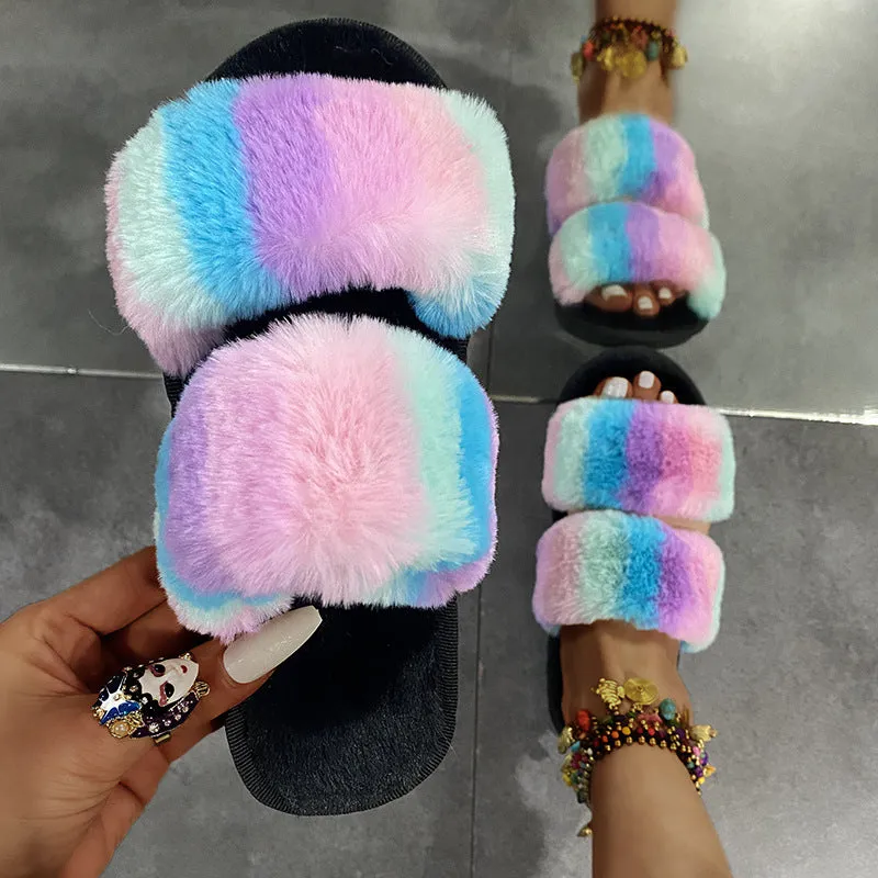 Leslides High Quality Fur Flat Sandals Furry Women's Sandals Soft Fur Slippers Sandals Fur Indoor Slides With Large Gold Chain
