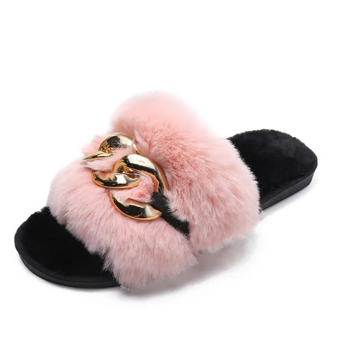 Leslides High Quality Fur Flat Sandals Furry Women's Sandals Soft Fur Slippers Sandals Fur Indoor Slides With Large Gold Chain