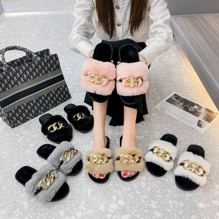 Leslides High Quality Fur Flat Sandals Furry Women's Sandals Soft Fur Slippers Sandals Fur Indoor Slides With Large Gold Chain
