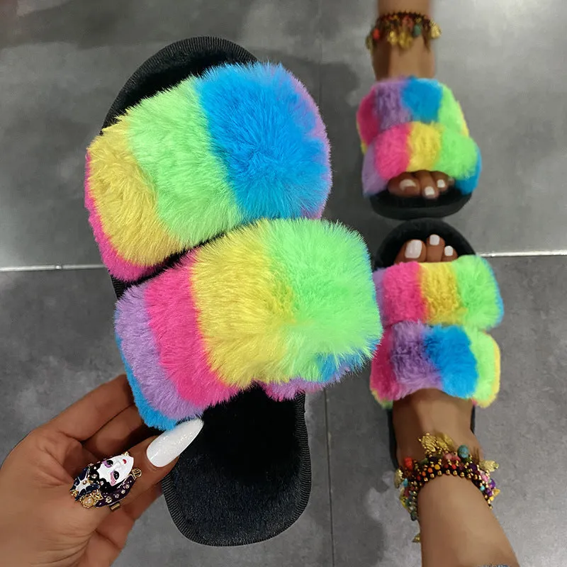 Leslides High Quality Fur Flat Sandals Furry Women's Sandals Soft Fur Slippers Sandals Fur Indoor Slides With Large Gold Chain