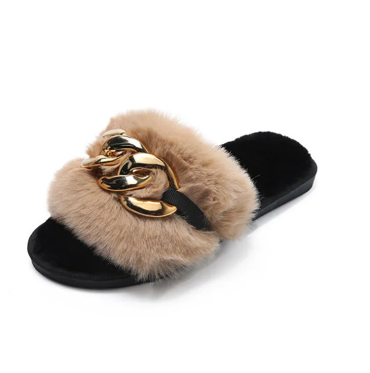Leslides High Quality Fur Flat Sandals Furry Women's Sandals Soft Fur Slippers Sandals Fur Indoor Slides With Large Gold Chain
