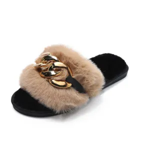 Leslides High Quality Fur Flat Sandals Furry Women's Sandals Soft Fur Slippers Sandals Fur Indoor Slides With Large Gold Chain