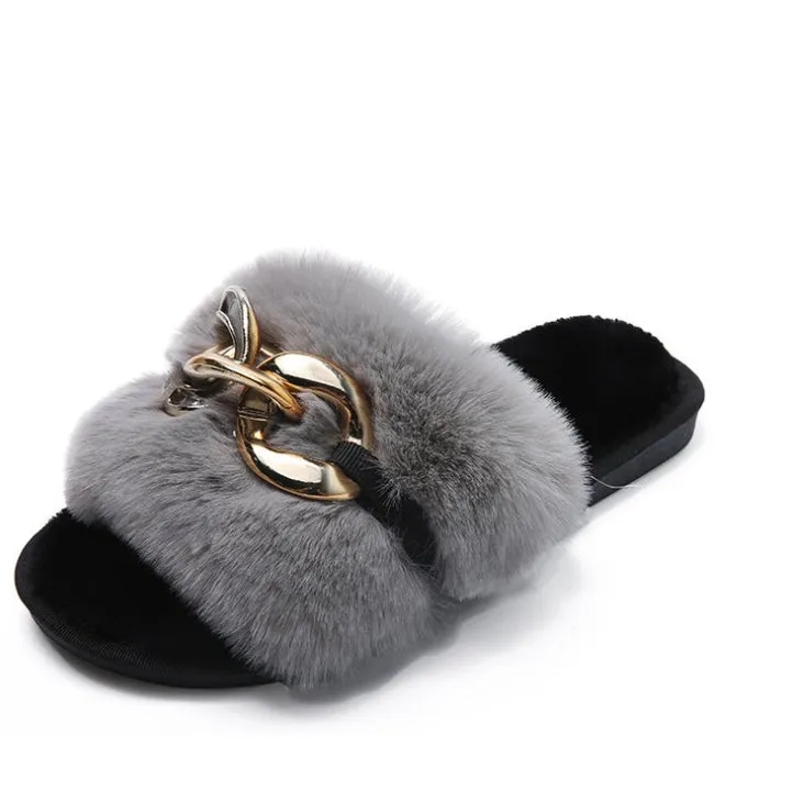 Leslides High Quality Fur Flat Sandals Furry Women's Sandals Soft Fur Slippers Sandals Fur Indoor Slides With Large Gold Chain