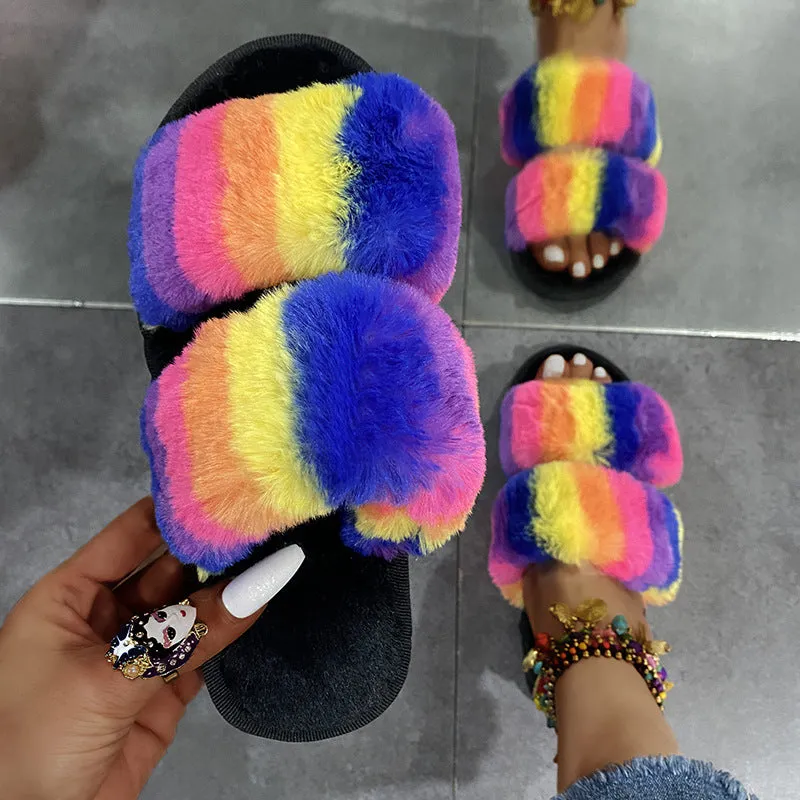 Leslides High Quality Fur Flat Sandals Furry Women's Sandals Soft Fur Slippers Sandals Fur Indoor Slides With Large Gold Chain