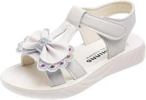 Little Girls Flat Sandals Kids Open Toe Ankle Strap Dress Shoes Toddler Rhinestone Bow Wedding Party Princess
