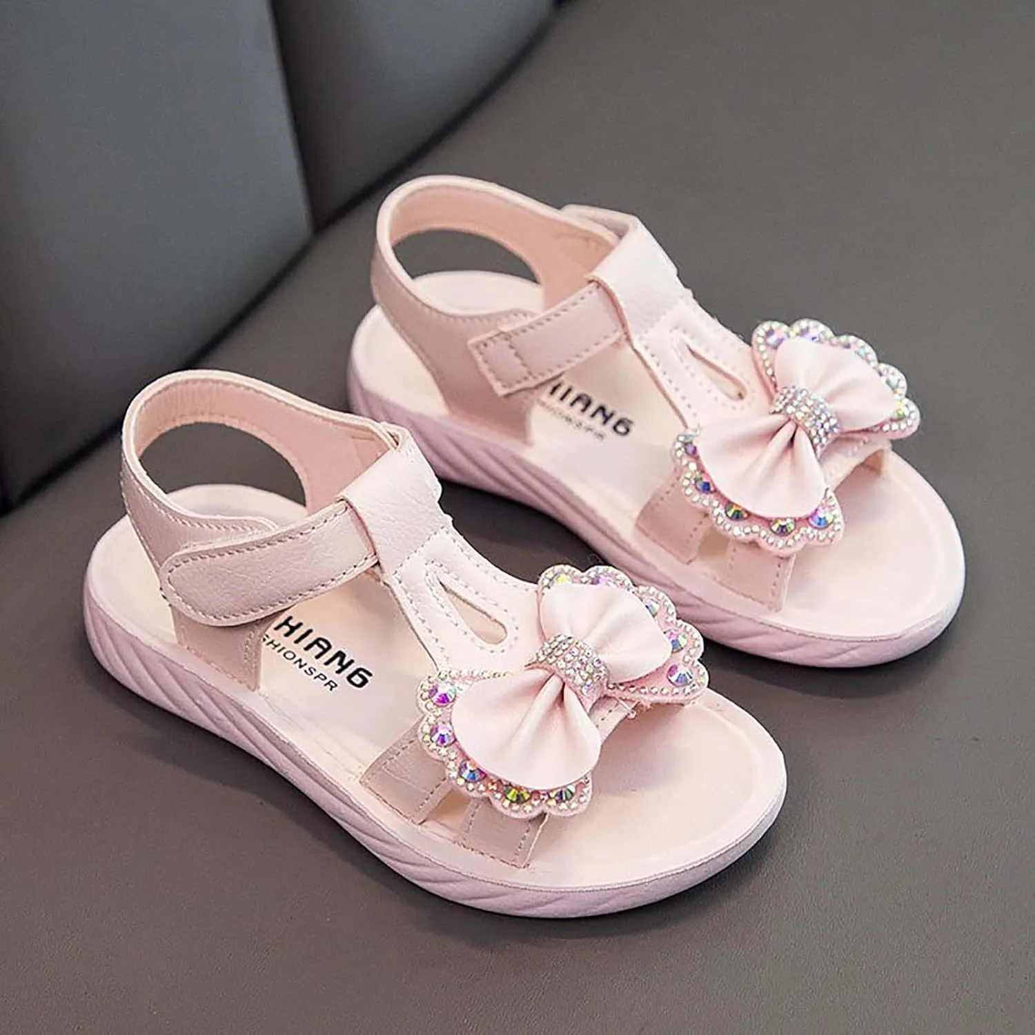 Little Girls Flat Sandals Kids Open Toe Ankle Strap Dress Shoes Toddler Rhinestone Bow Wedding Party Princess
