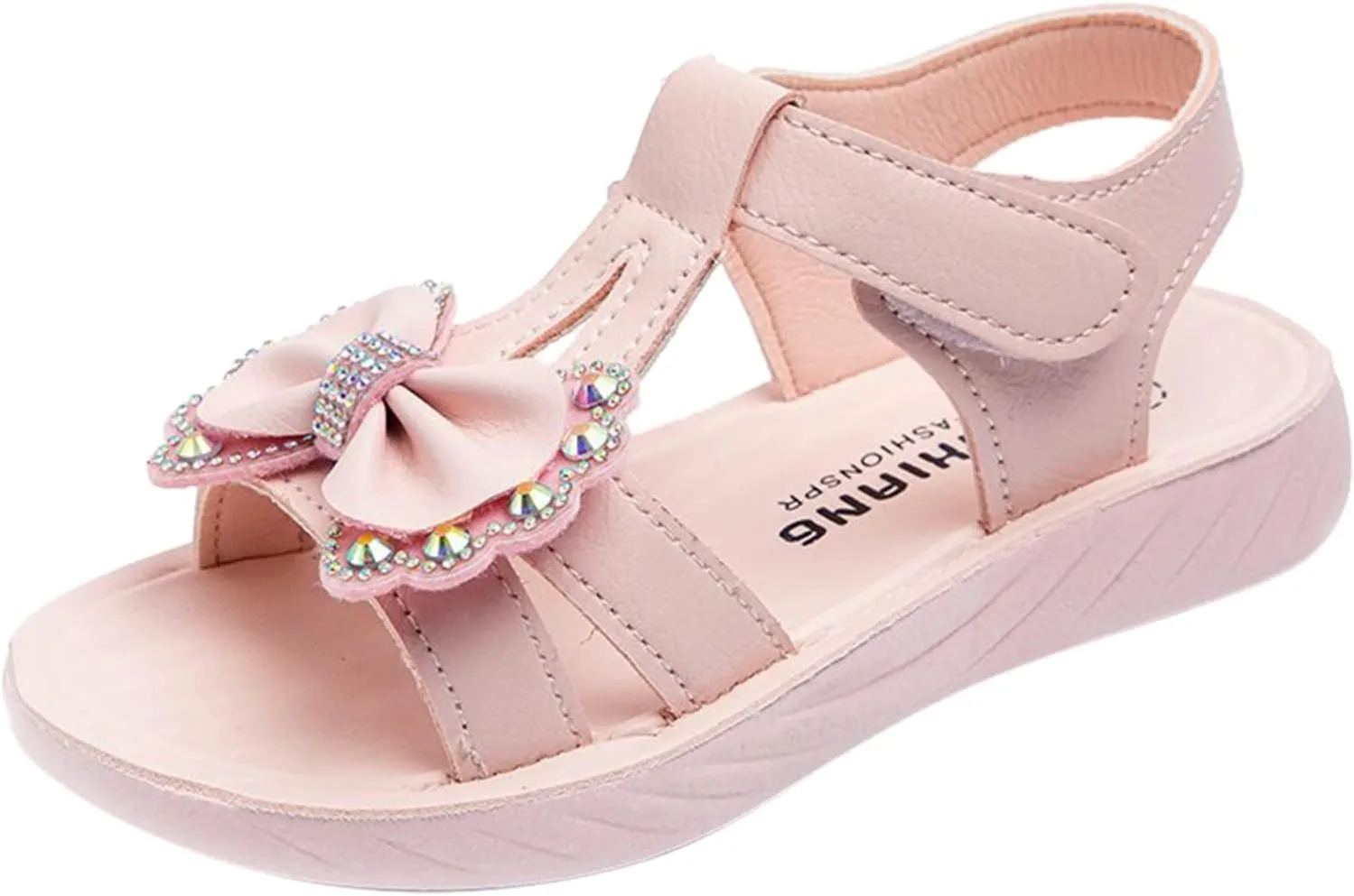 Little Girls Flat Sandals Kids Open Toe Ankle Strap Dress Shoes Toddler Rhinestone Bow Wedding Party Princess