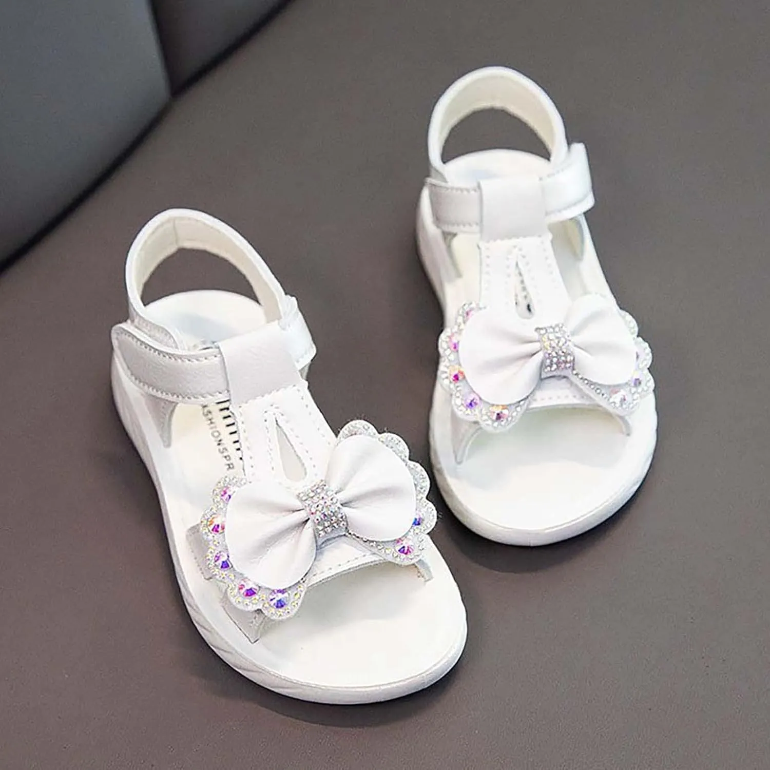 Little Girls Flat Sandals Kids Open Toe Ankle Strap Dress Shoes Toddler Rhinestone Bow Wedding Party Princess