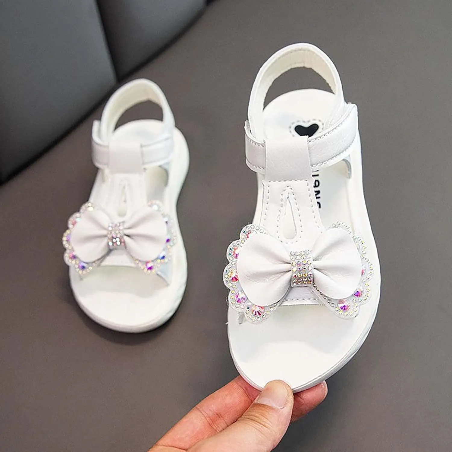 Little Girls Flat Sandals Kids Open Toe Ankle Strap Dress Shoes Toddler Rhinestone Bow Wedding Party Princess