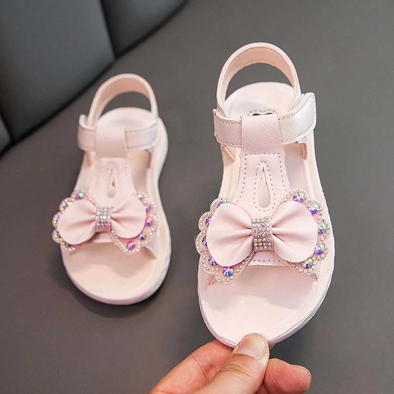 Little Girls Flat Sandals Kids Open Toe Ankle Strap Dress Shoes Toddler Rhinestone Bow Wedding Party Princess