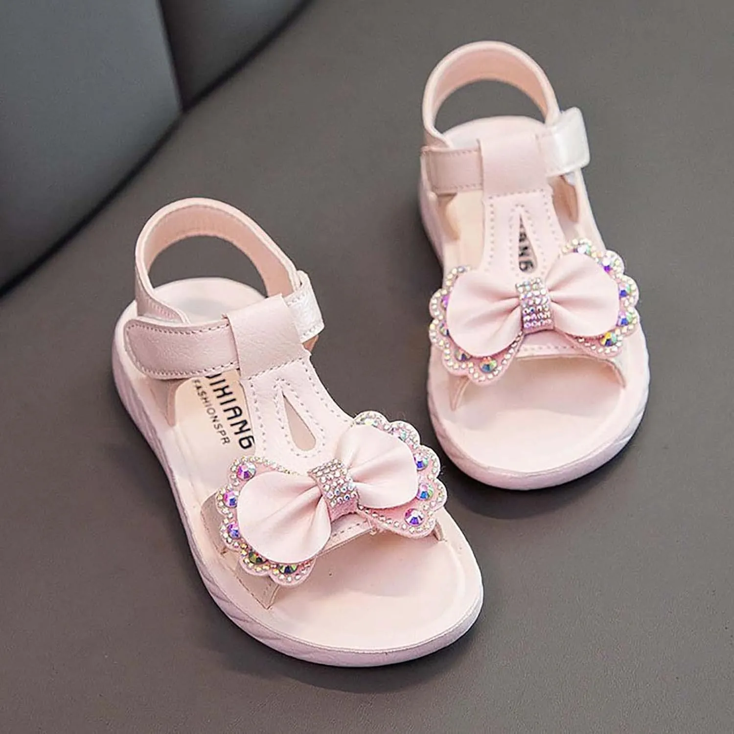 Little Girls Flat Sandals Kids Open Toe Ankle Strap Dress Shoes Toddler Rhinestone Bow Wedding Party Princess